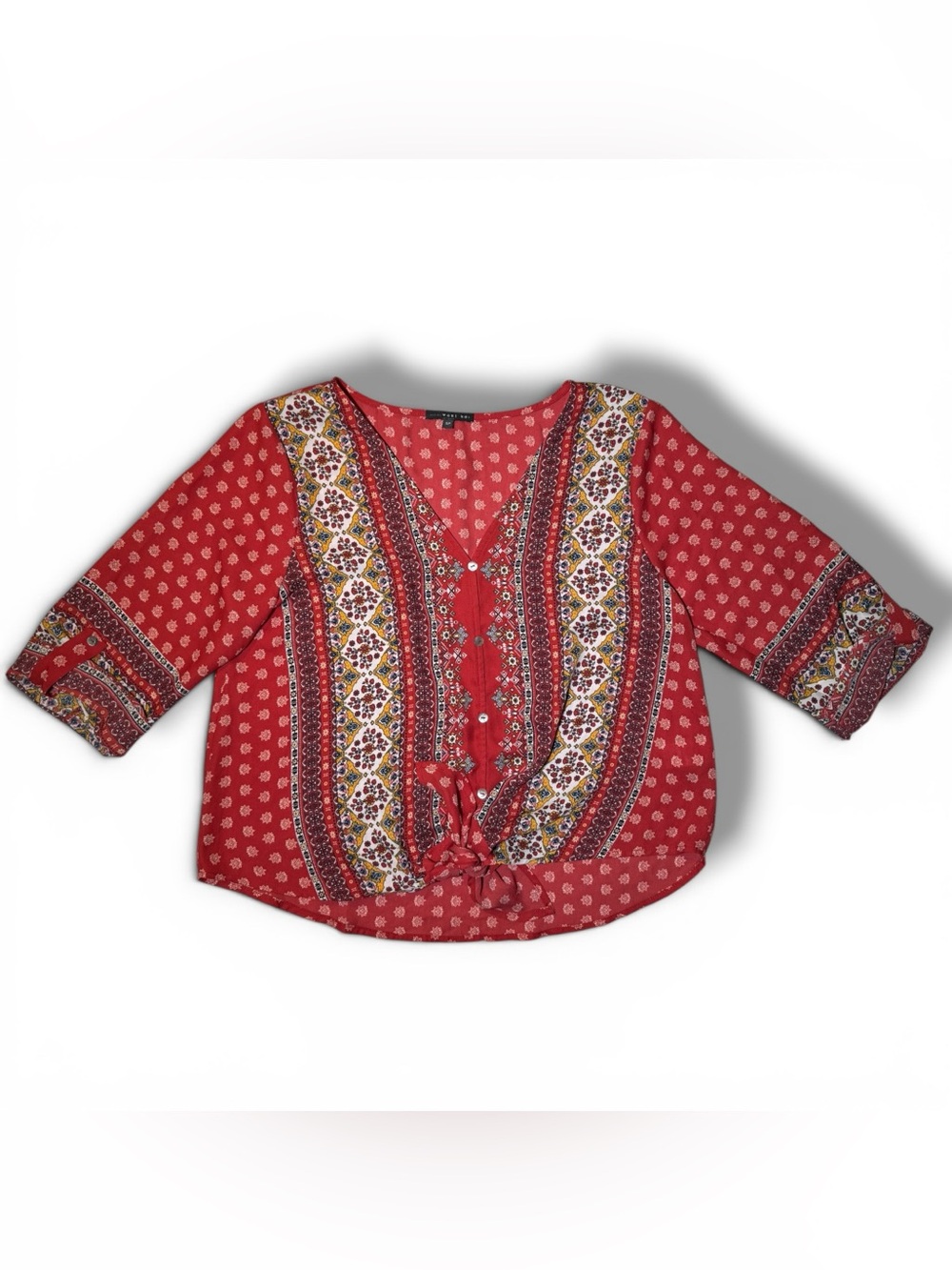 West Kei red patterned tie-front blouse- Small